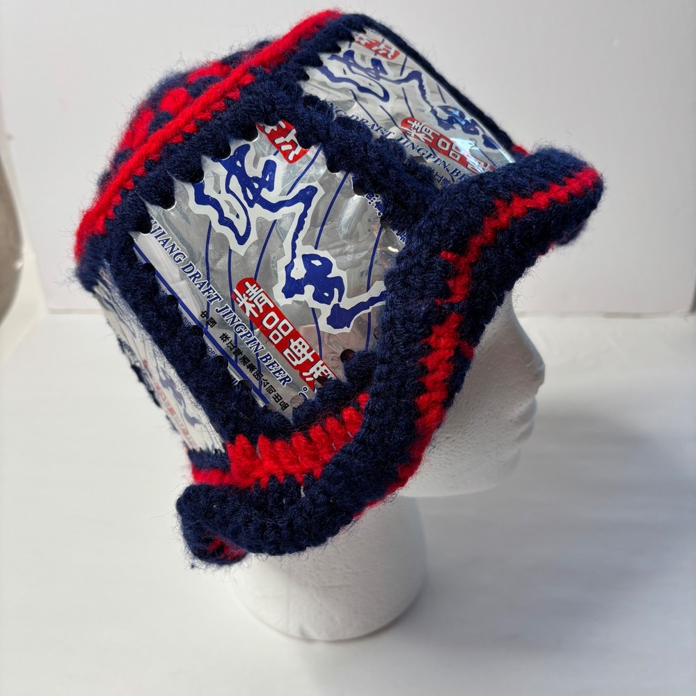 Handmadeโ Crochet Beer Can Red Blue Bucket Hat Cap Jingpin Asian Streetwear